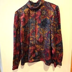 EJ Harprr Long Sleeve Blouse, Wine, Gold, Grey Flower Print, Size 12